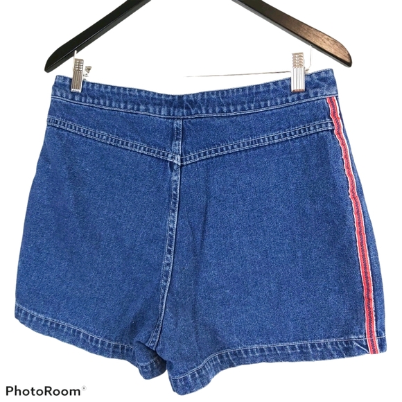 Blue High Rise Red Stripe Cotton Denim Shorts - Picture 2 of 10